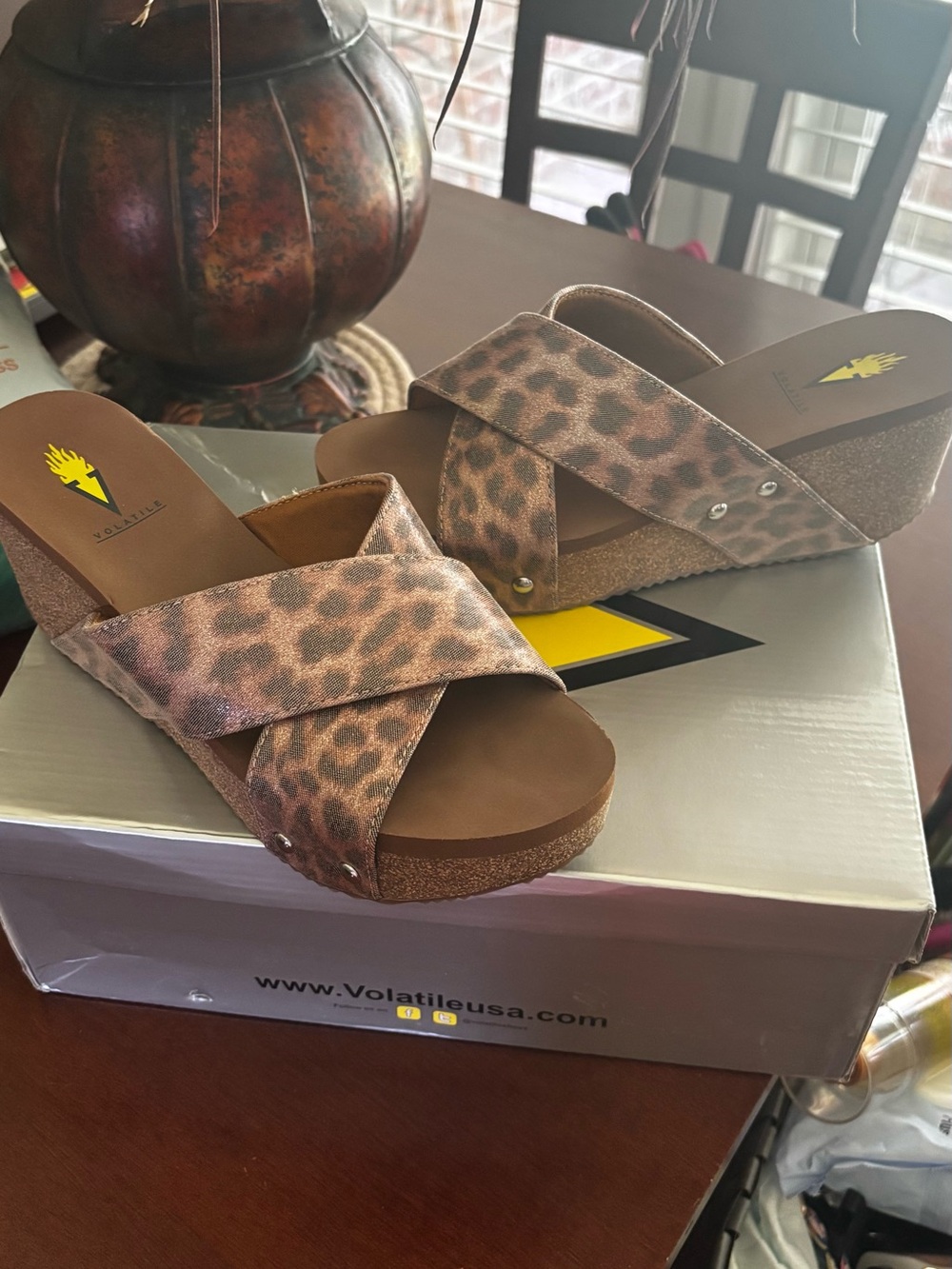 Volatile Leopard Print Crisscross Wedge Sandals - Tan/Brown
